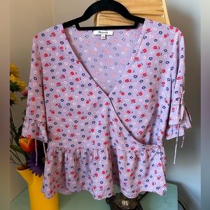 Floral Wrap Style Ruffled Top. Feminine, Romantic,